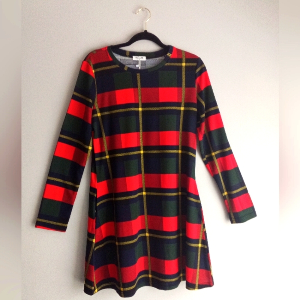 COLOR BLOCK PLAID LONG SLEEVES MINI DRESS SIZE M